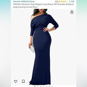 Navy blue off one shoulder long sleeve dress.